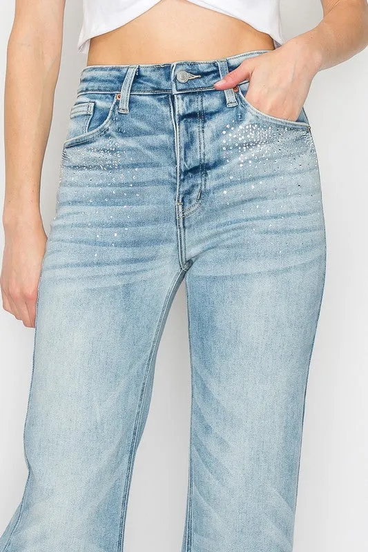 Delilah Rhinestones On Pocket Stretch Wide Jeans
