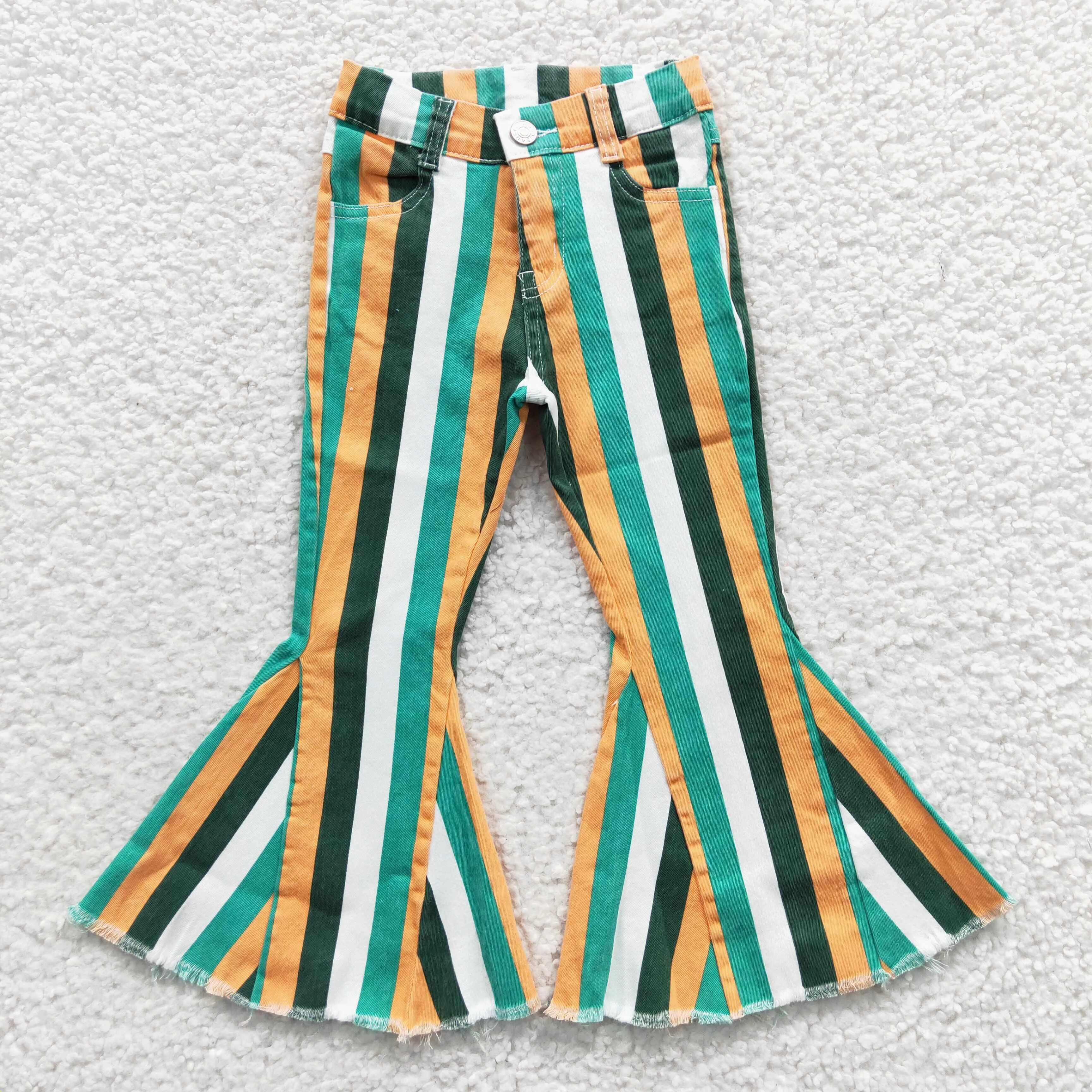 girls green striped jeans P0131