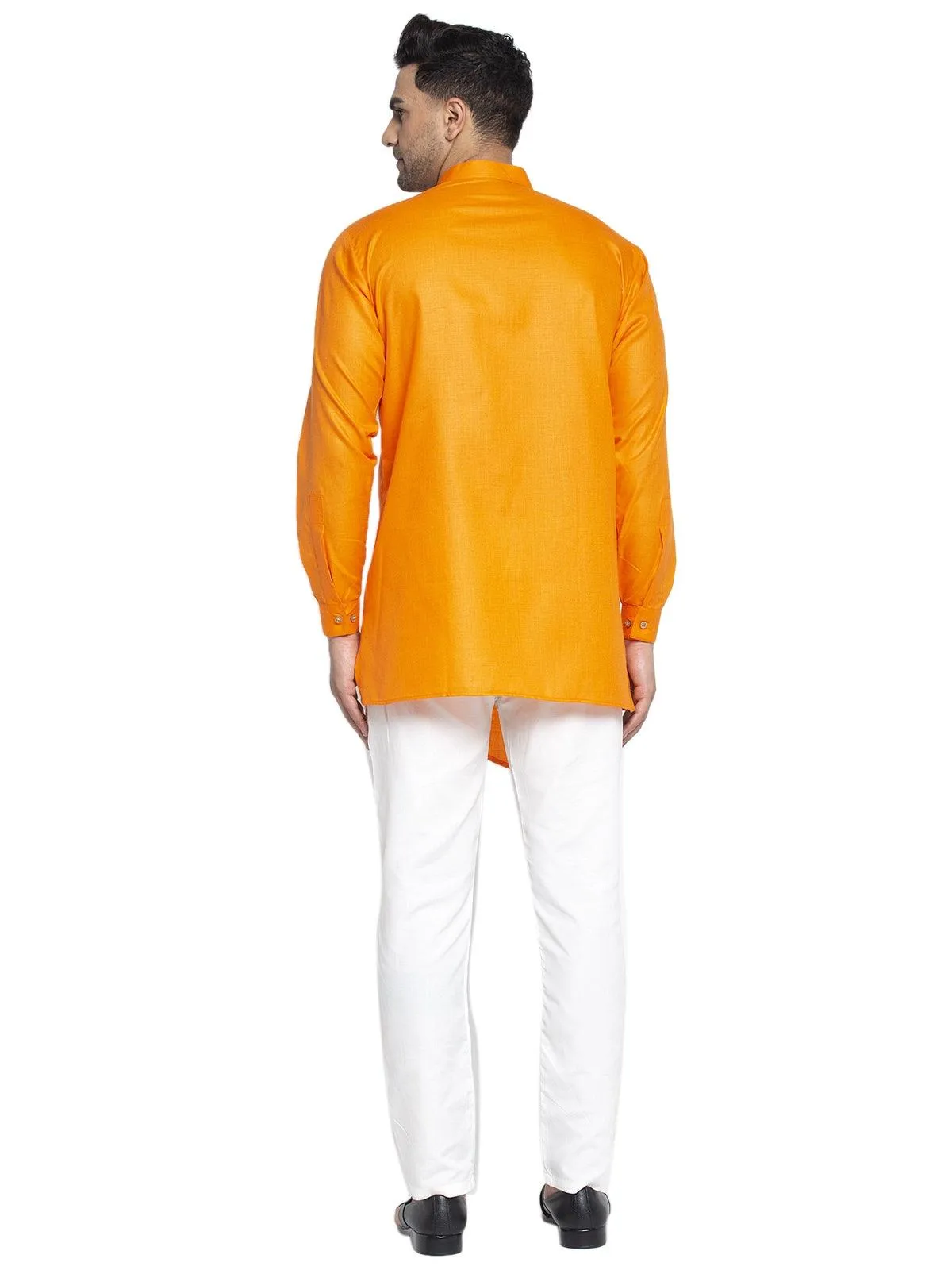 Men's Cotton Orange Asymmetric Solid Kurta With White Trousers - Benstoke
