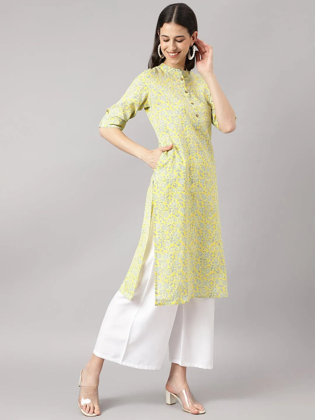 Mustard And Gray Cotton Katha Work Straight Kurta
